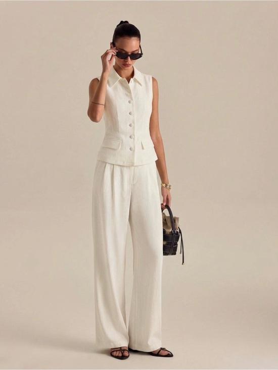Commense Pants - Commense Sleeveless Button Vest & Wide-Leg Pants Set - Cream